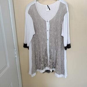 Waffle knit lace burnt out velvet cardigan cream brown Lagenlook Arsty L/XL